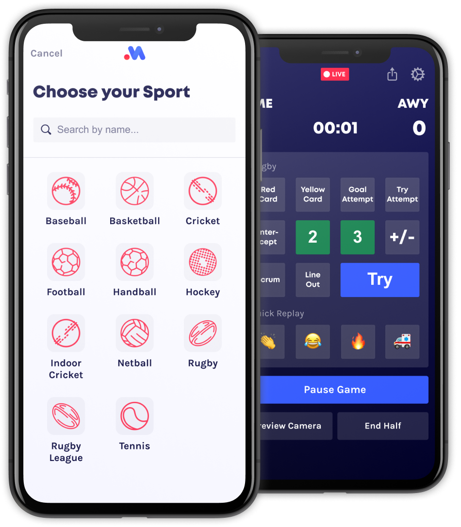 2 smartphones showing MAS SportsLive app screens for: selecting your sport, rugby scoring keyboard..